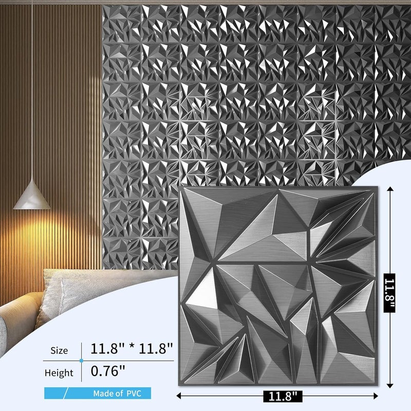 Art3d 33-Pack 3D Wall Panels - Diamond Textured Feature Paneling for Gaming, Living Room, TV Wall - 12 x 12 inch Silver - Image 3